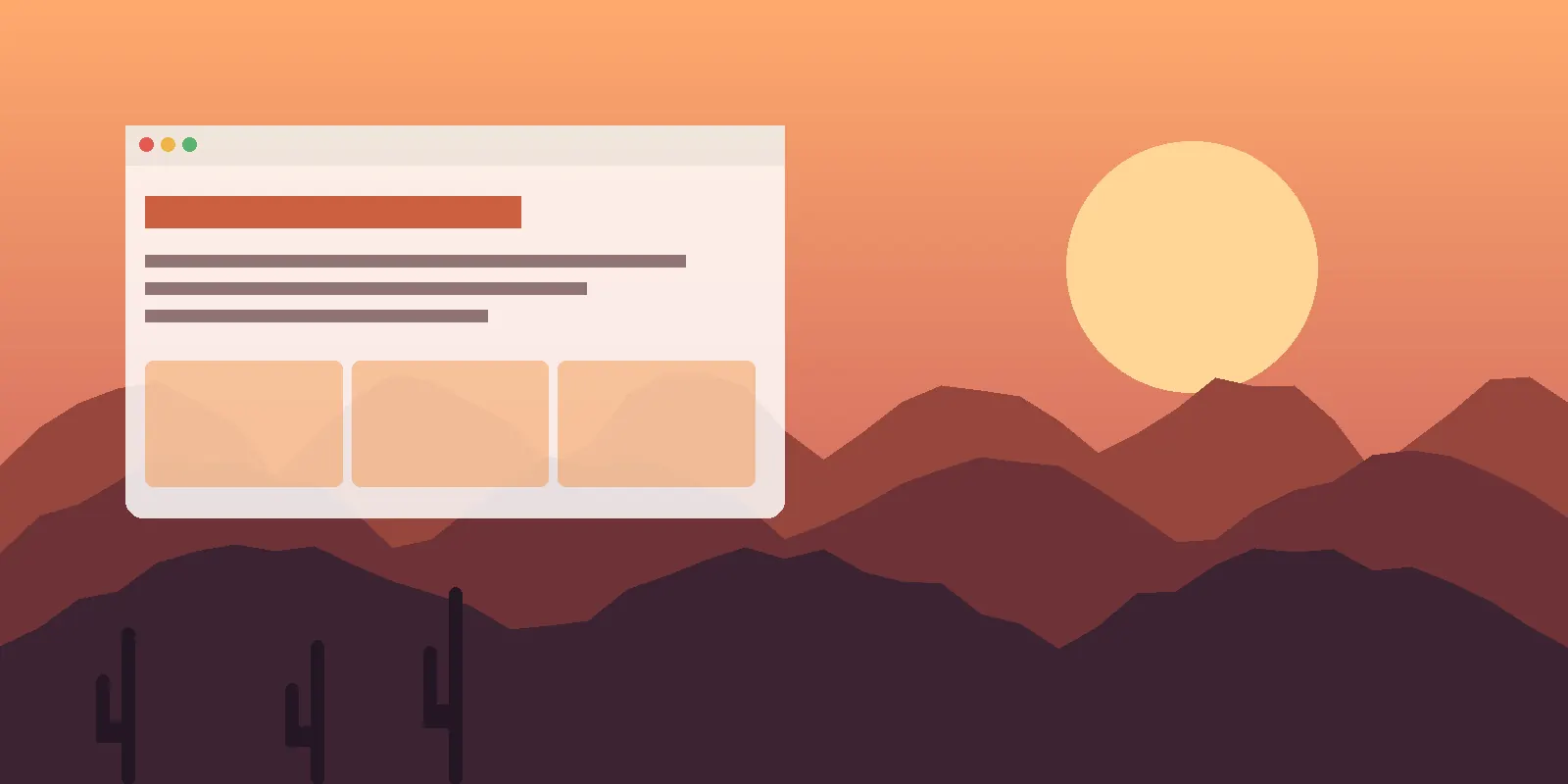 Illustration of a website layout in front of a desert sunset over mountains and saguaro cacti